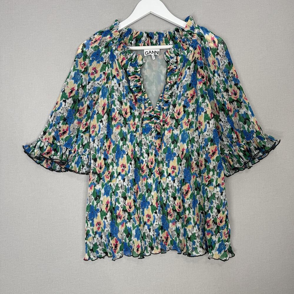 Ganni Flouncy Blouse Womens 38 Azure Blue Floral Pleated Ruffle Blouse Cottage